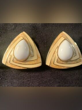 Gold-Tone Triangle White Cabochon Clip Earrings